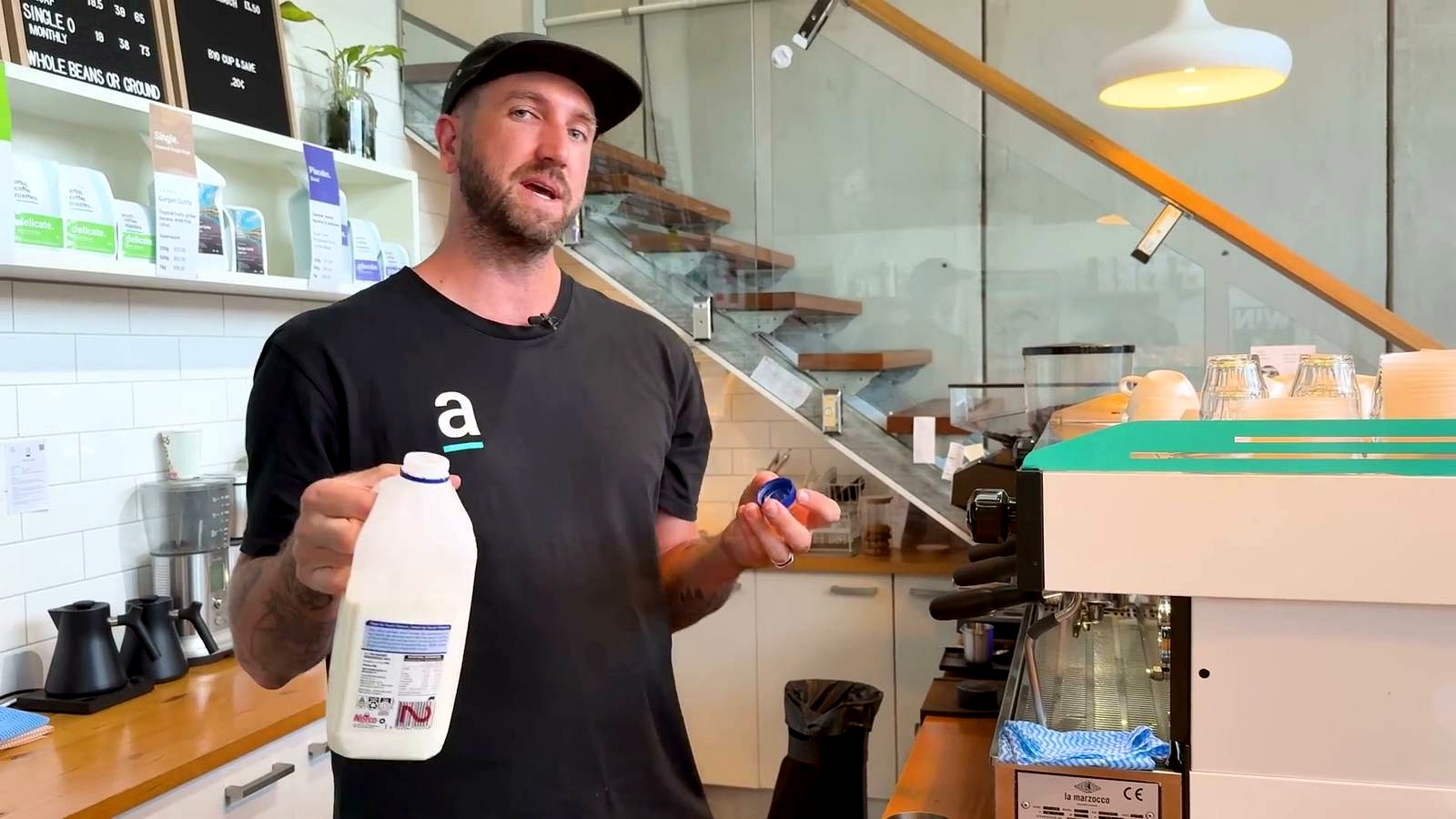 Start with the milk and jug